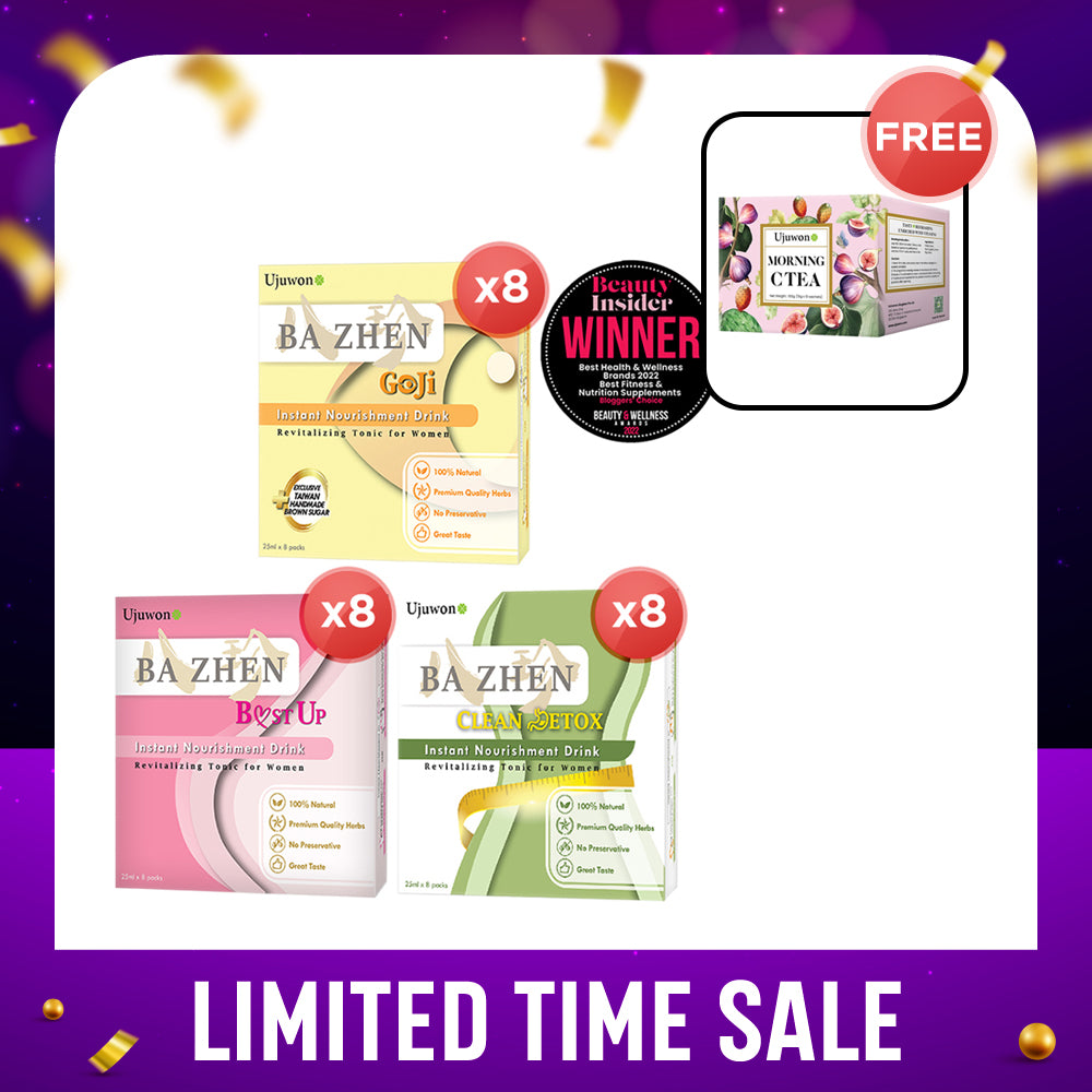 【Limited Time Sale】Ujuwon Ba Zhen Instant Nourishment Drink (B.ust Up/Clean Detox/Goji) x 8 Boxes + FREE Morning C Tea 10s