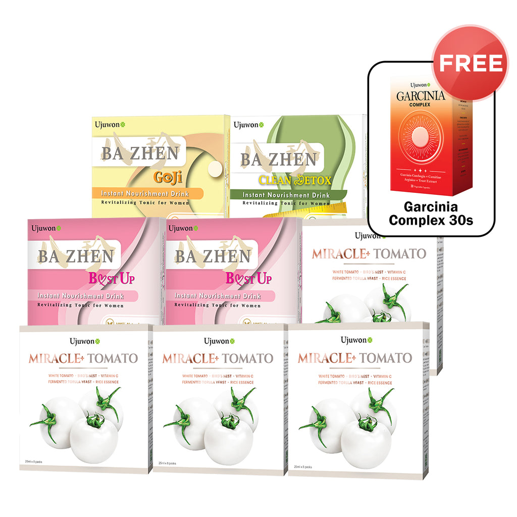 【Bundle of 8】Ujuwon Miracle+ Tomato Skin Booster 8s x 4 Boxes + B.ust Up Instant Nourishment Drink 8s x 2 Boxes + Clean Detox Instant Nourishment Drink 8s + Goji Instant Nourishment Drink 8s + Free Garcinia Complex 30s