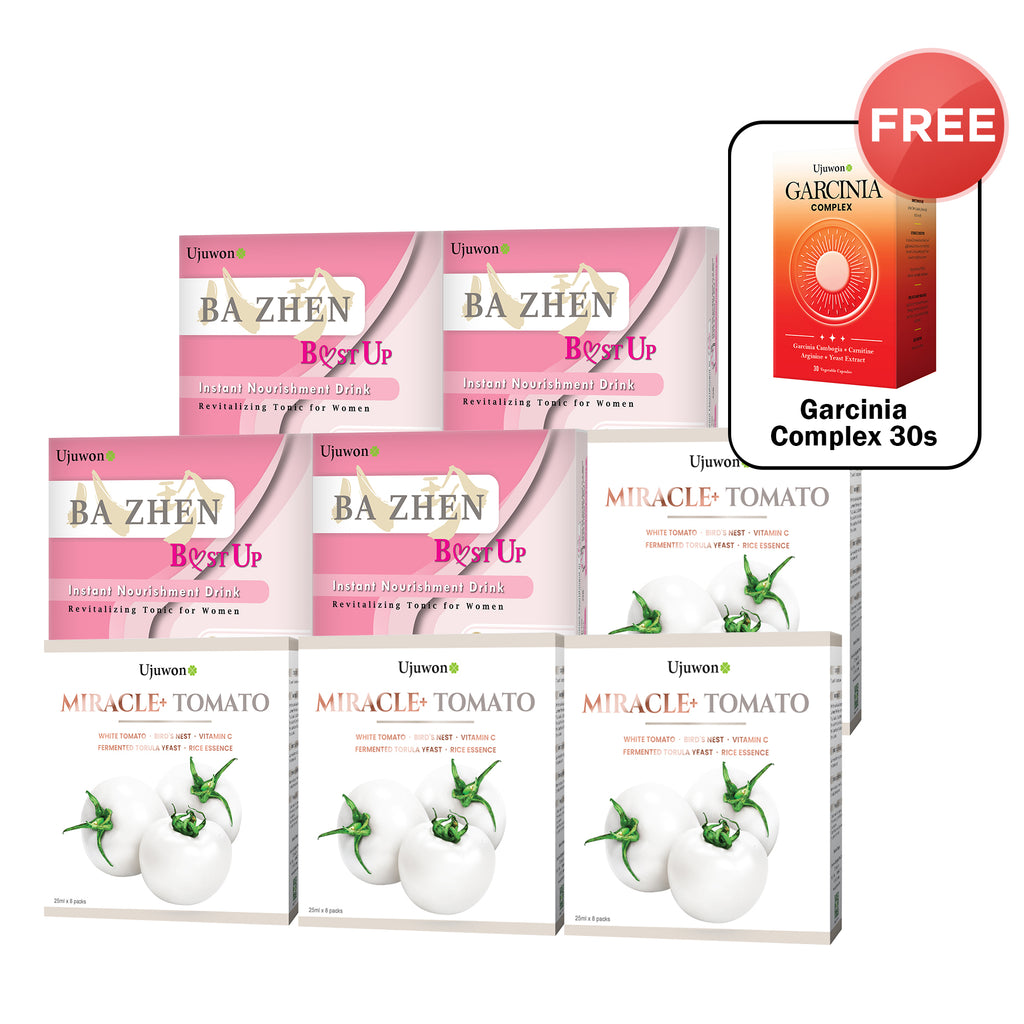 【Bundle Of 8】Ujuwon Miracle+ Tomato Skin Booster 8s x4 + Ba Zhen B.ust Up Instant Nourishment Drink 8s x4 + Free Garcinia Complex 30s